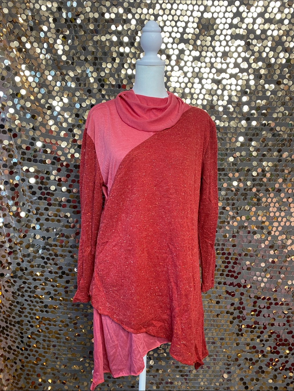 Women's Red and Pink Cowl Neck Asymmetric Sweater #1599